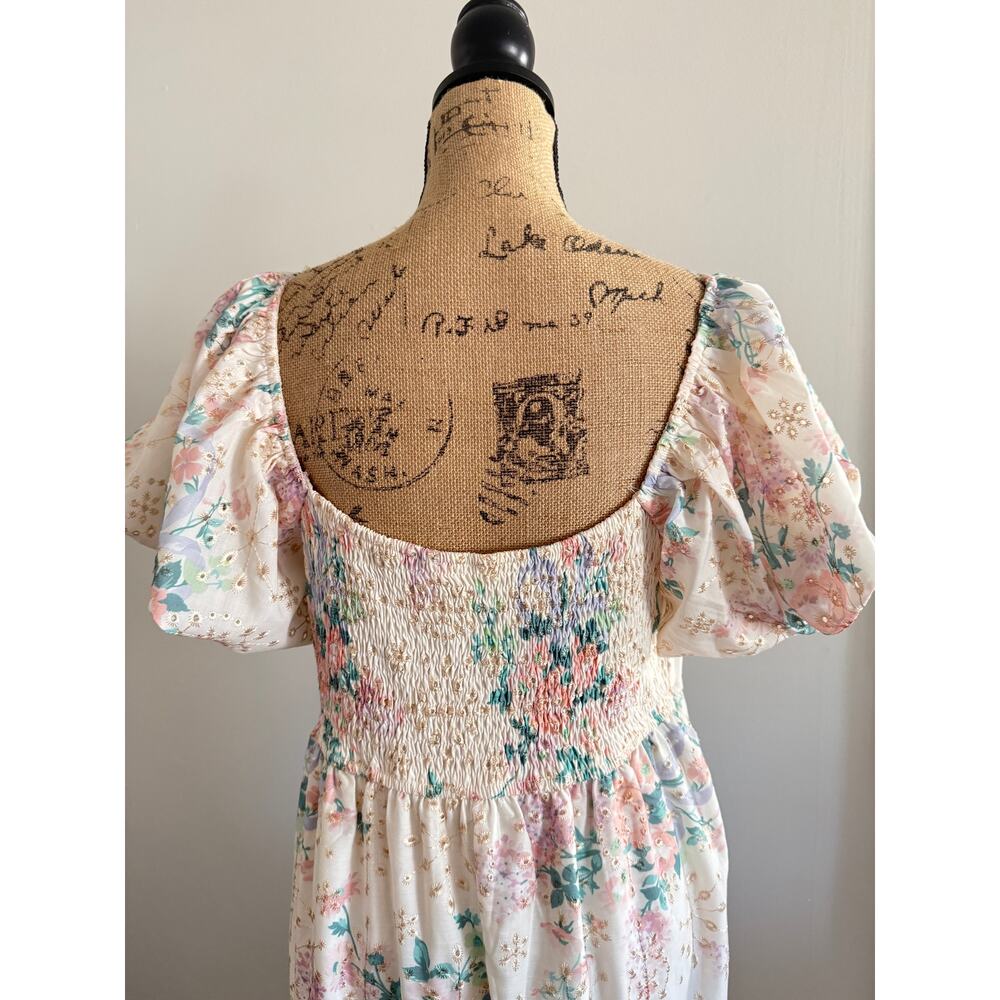 Lovelo Floral Eyelet Tiered Puff Sleeve Midi Dress Size Large - Picture 4 of 6